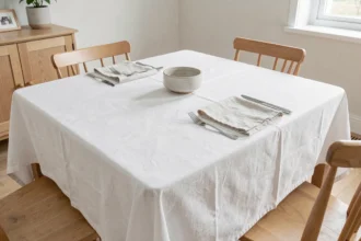 Nappe infroissable blanche parfaitement lisse sur une table à manger scandinave avec vaisselle et couverts