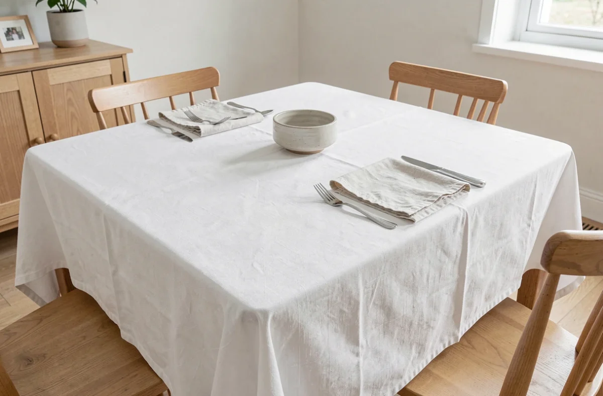 Nappe infroissable blanche parfaitement lisse sur une table à manger scandinave avec vaisselle et couverts