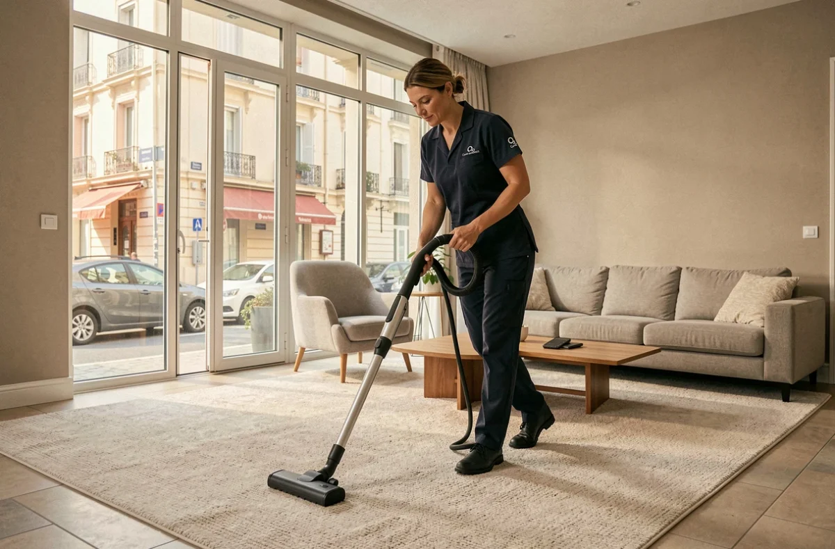 Professionnelle O2 Care Services aspirant un tapis dans un salon marseillais lumineux