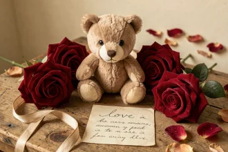 Ourson en peluche entouré de roses rouges sur une table en bois rustique avec un message d'amour manuscrit, symbolisant la passion et la romance