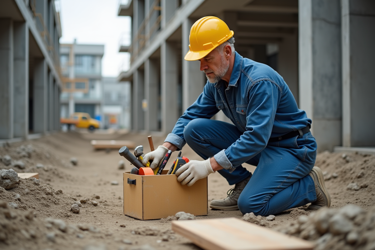 Ouvrier du bâtiment en tenue inspectant une boîte à outils