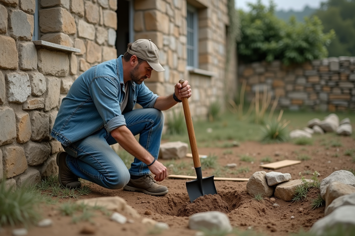 Ouvrier en plein travail près d'une maison ancienne en campagne