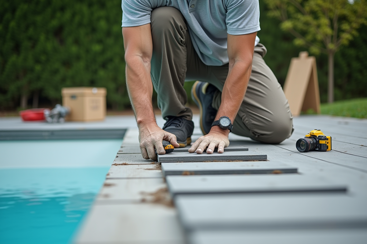 Ouvrier mesurant des dalles de terrasse près de la piscine