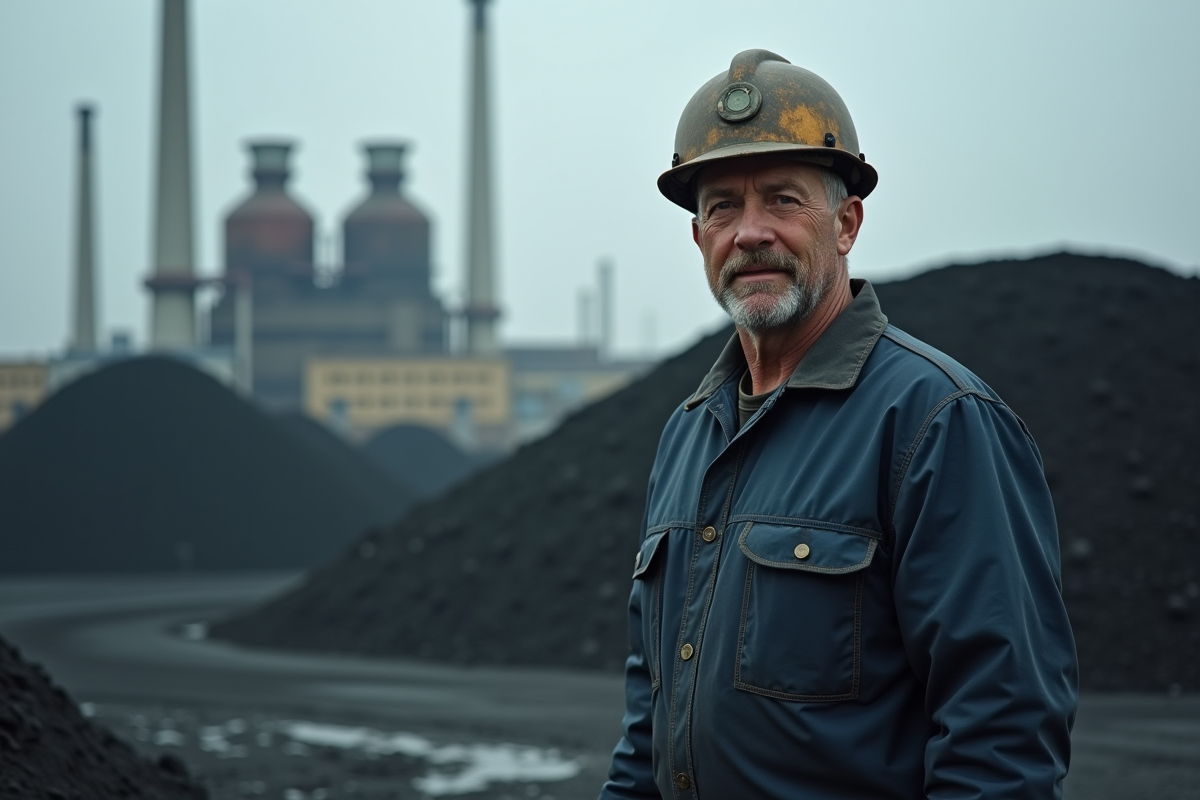 Ouvrier industriel face à une pile de charbon sombre