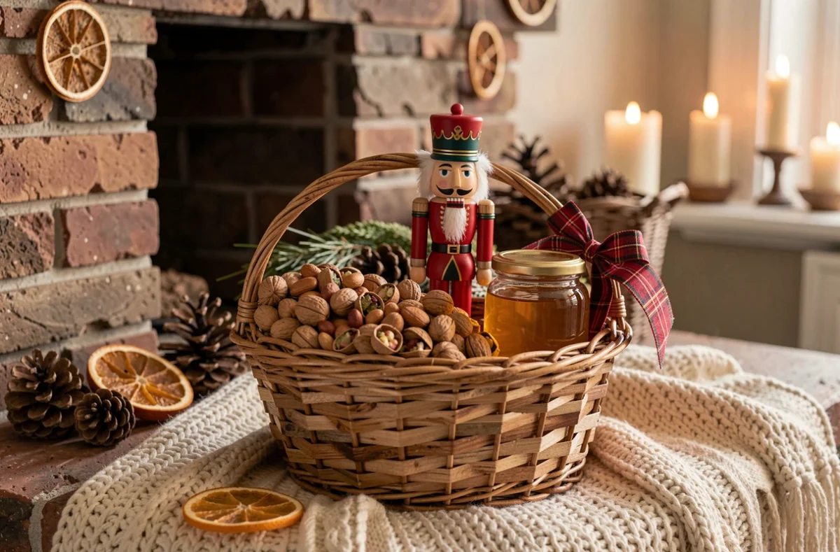 Panier cadeau de Noël garni d'un casse-noisette en bois, de noix assorties et d'un ruban tartan près d'une cheminée décorée