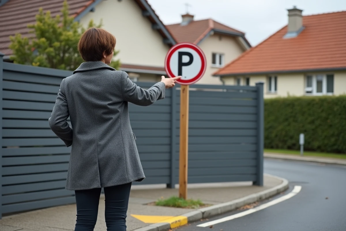 Femme installant un panneau d'interdiction de stationner devant son portail pour empêcher le stationnement gênant