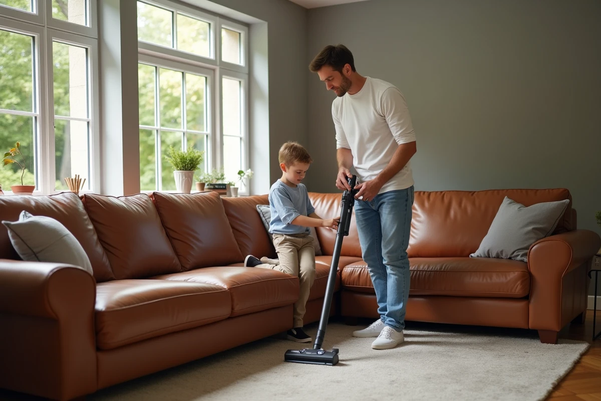 Père et enfant aspirant un grand canapé en cuir dans un intérieur sain