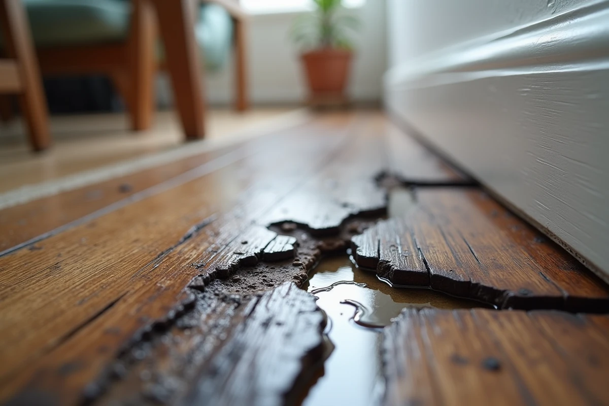 Parquet en chêne noirci et gondolé après une fuite d'eau, avec taches minérales blanches et résidus d'humidité visibles entre les lames