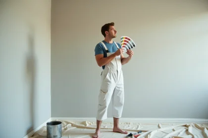 Peintre homme examinant un mur peint dans un appartement moderne