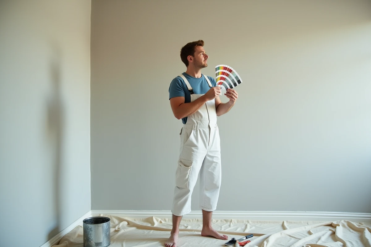 Peintre homme examinant un mur peint dans un appartement moderne