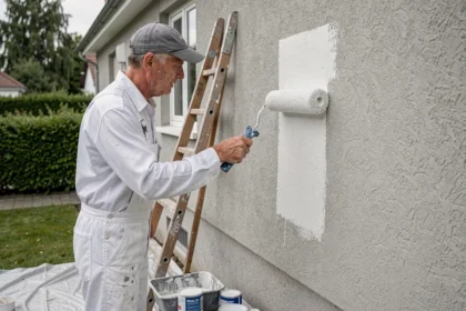 Peintre professionnel appliquant de la peinture façade blanche RAL 9016 sur un mur extérieur en béton enduit avec un rouleau