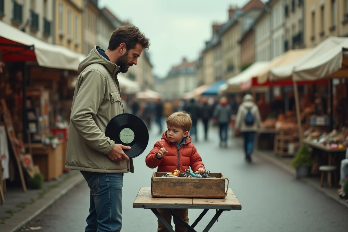 Père et fils découvrant des objets vintage lors d'un vide-grenier familial dans le département 92