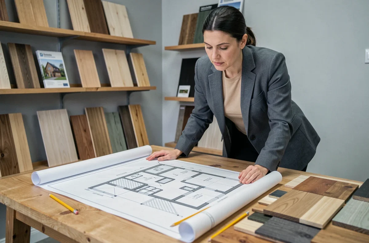 Architecte ou conseillère examinant les plans d'une maison en bois kit sur une table de travail avec échantillons de matériaux
