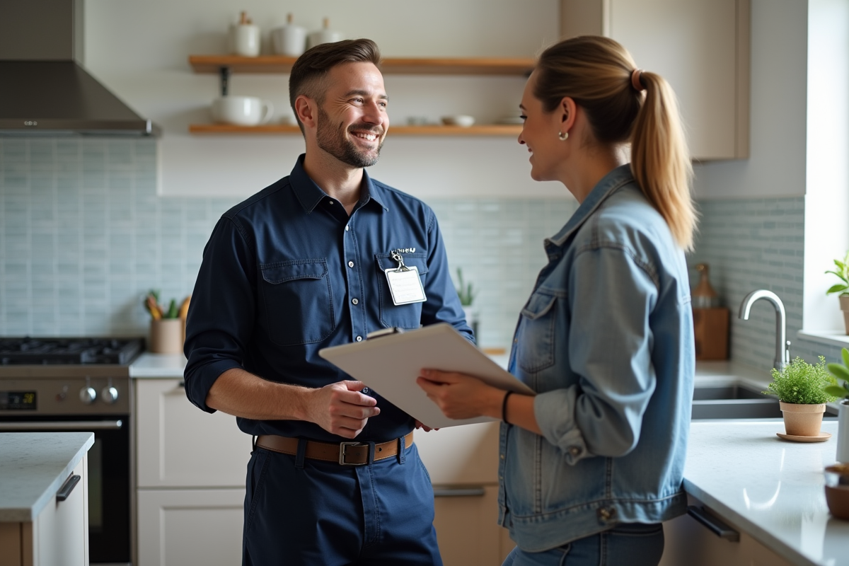 Plombier homme avec badge dans une cuisine moderne