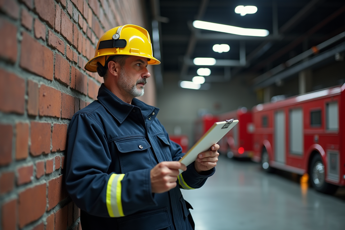 Pompiers en tenue de sécurité dans une caserne moderne