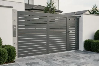 Portail coulissant avec portillon intégré sur façade moderne en béton et acier, finition gris anthracite