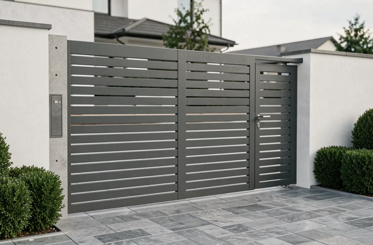 Portail coulissant avec portillon intégré sur façade moderne en béton et acier, finition gris anthracite
