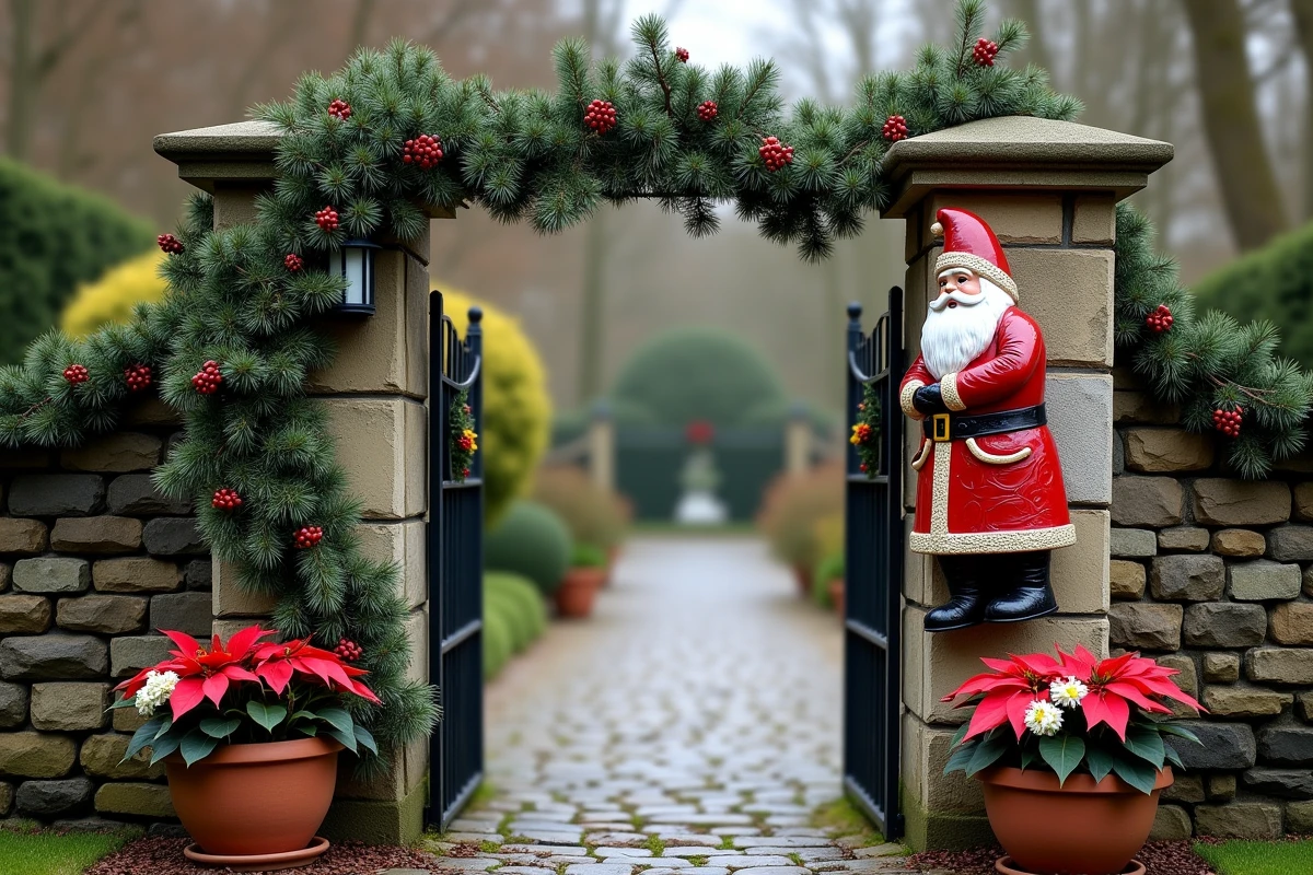 Portail de jardin décoré pour Noël avec guirlande de sapin, figurine Père Noël en métal et plantes rouges en pot
