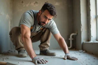 Carreleur professionnel posant un grand carrelage de sol en céramique dans une salle de bain en cours de rénovation