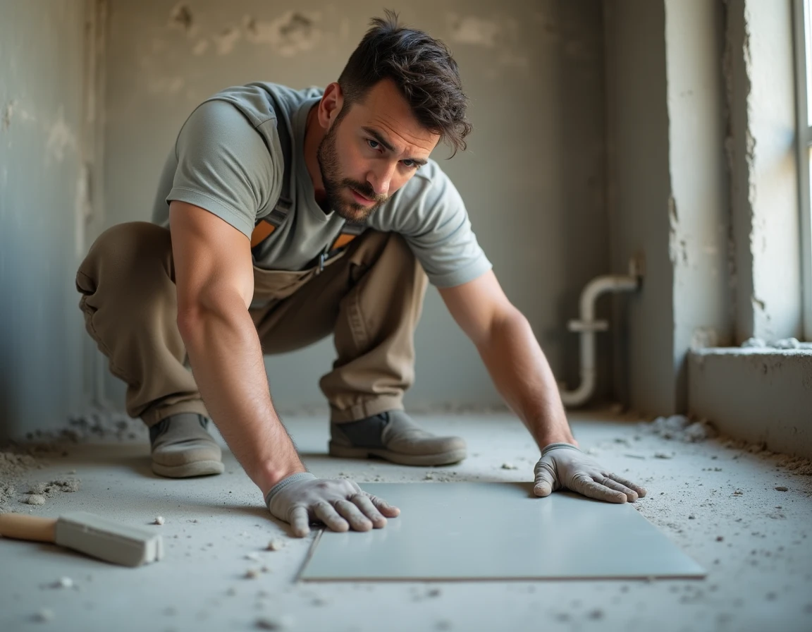 Carreleur professionnel posant un grand carrelage de sol en céramique dans une salle de bain en cours de rénovation