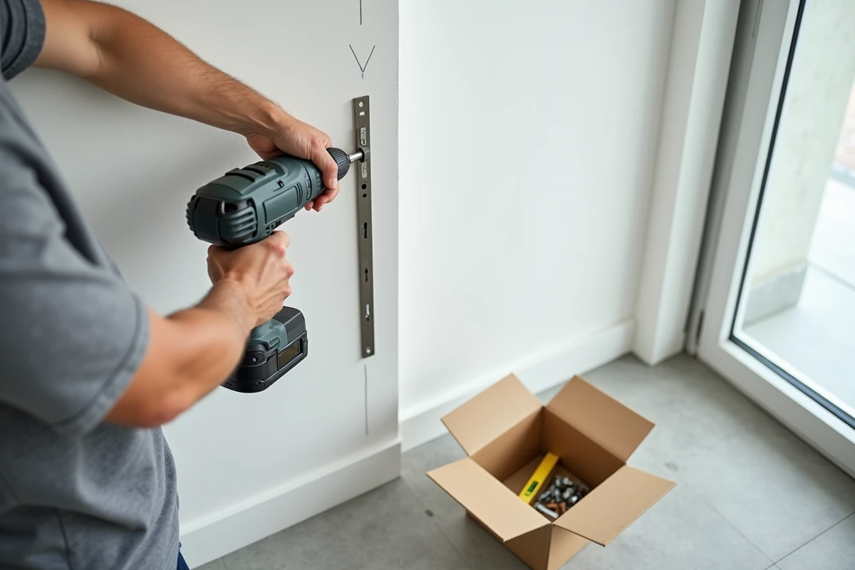 Pose d'un support de tringle à rideau sur mur blanc à côté d'une baie coulissante avec kit d'installation et perceuse