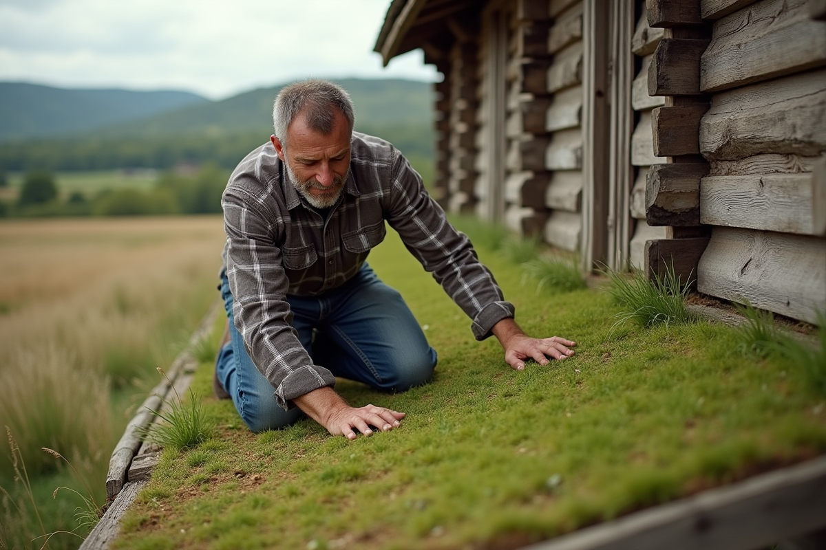 Homme en jeans posant sur un toit en chaume vert