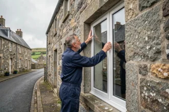 Poseur de fenêtres professionnel mesurant un cadre de fenêtre double vitrage sur une maison en pierre bretonne dans le Finistère