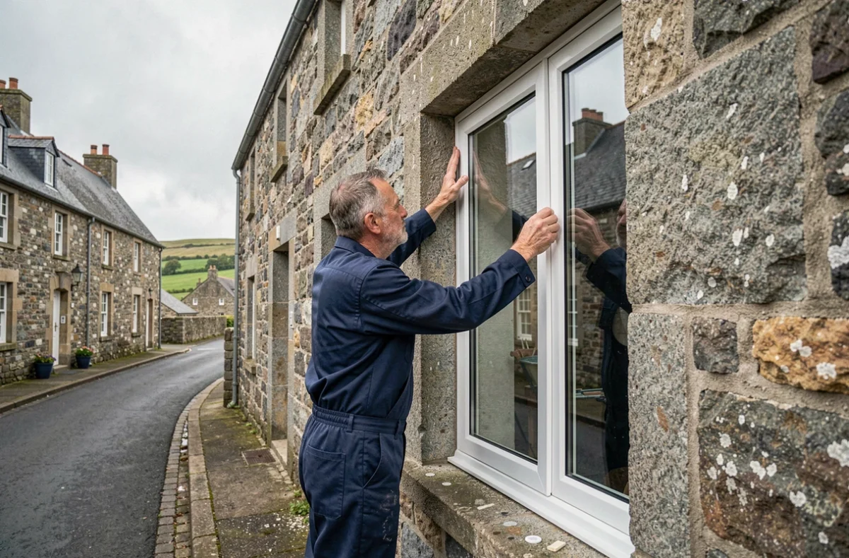 Poseur de fenêtres professionnel mesurant un cadre de fenêtre double vitrage sur une maison en pierre bretonne dans le Finistère