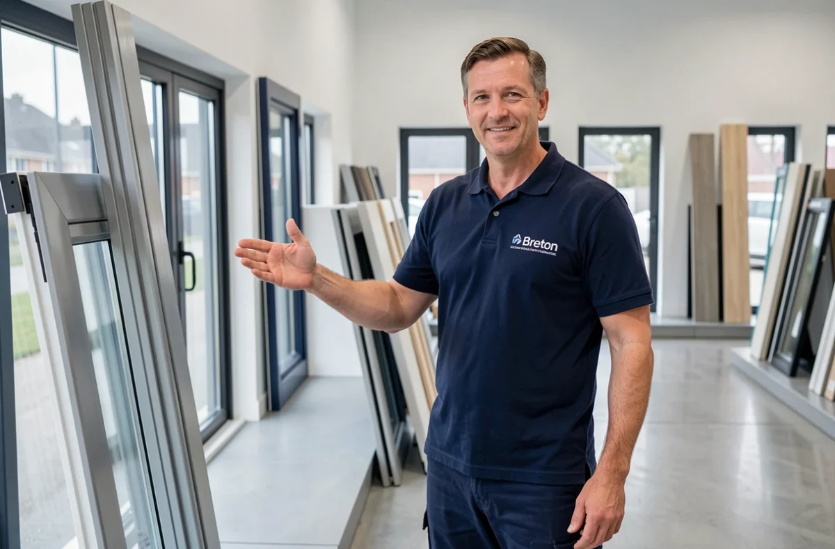 Spécialiste de Quellec Menuiseries présentant des profils de fenêtres en aluminium dans un showroom moderne en Finistère