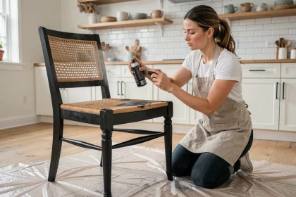 Femme relookant une chaise paillée avec de la peinture noire mate dans une cuisine scandinave moderne