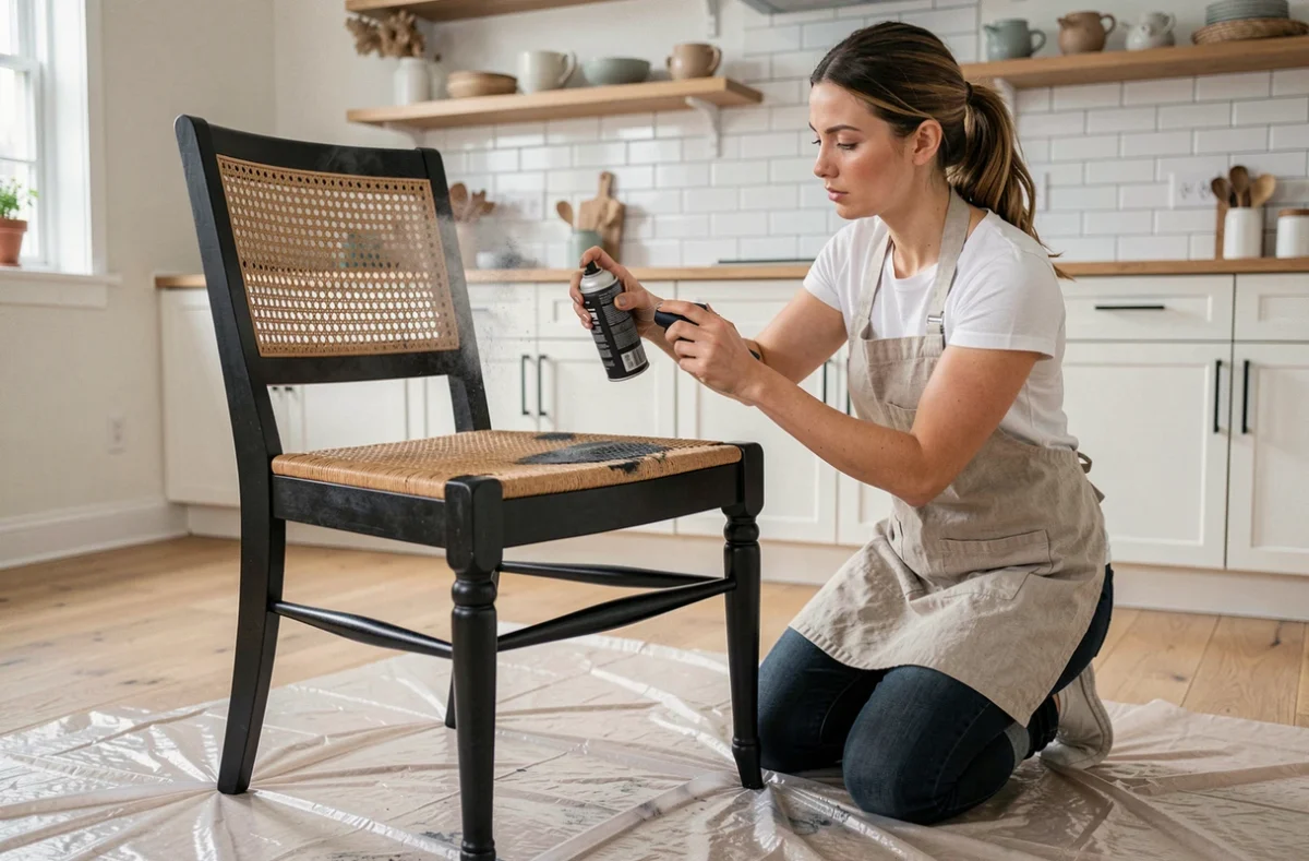 Femme relookant une chaise paillée avec de la peinture noire mate dans une cuisine scandinave moderne