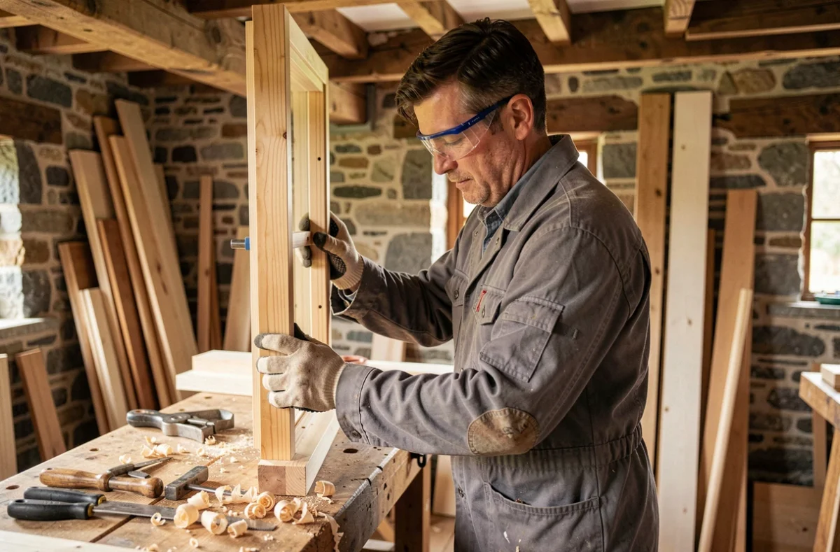 Artisan menuisier de Rioual Menuiserie installant un cadre de fenêtre en bois dans un atelier breton traditionnel