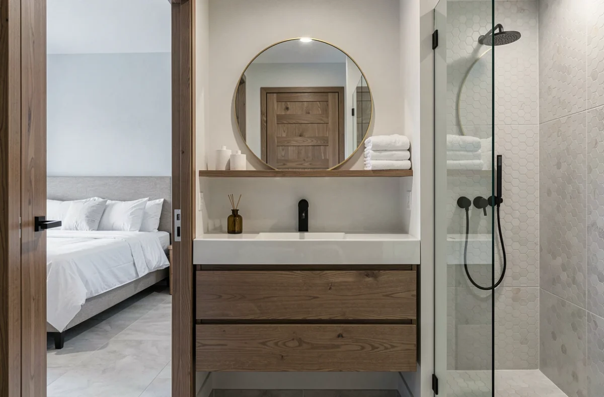 Salle de bain attenante suite parentale 15m2, vasque en chêne fumé, douche italienne et carrelage mosaïque blanc, tendances 2026