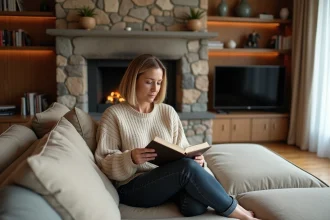 Femme assise sur un canapé regardant un livre dans un salon moderne