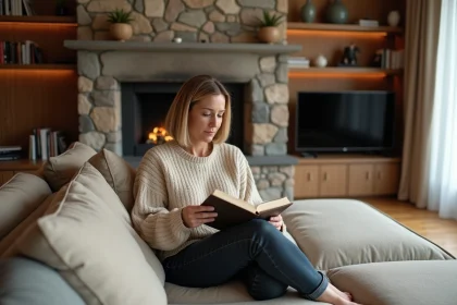 Femme assise sur un canap&eacute; regardant un livre dans un salon moderne