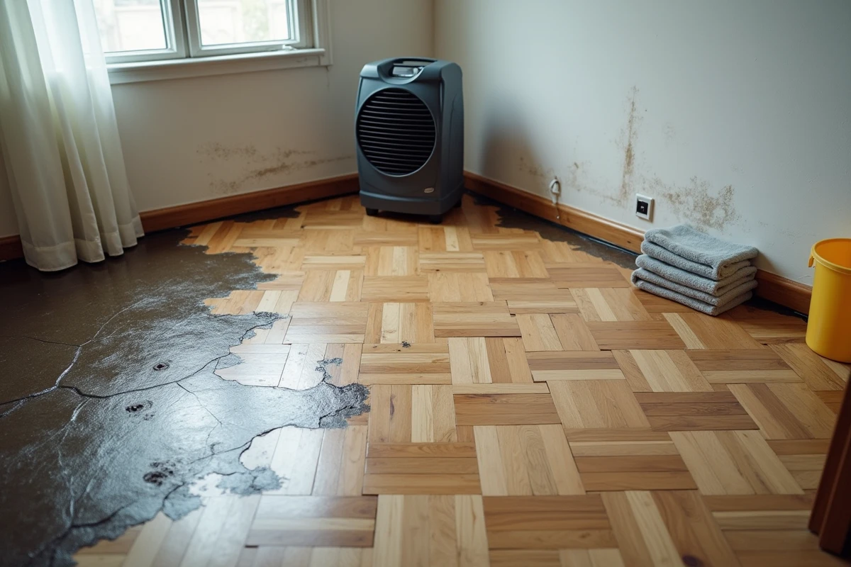 Vue large d'un salon avec parquet noirci et gondolé après dégât des eaux, ventilateur de séchage posé sur le sol et seau en plastique visibles