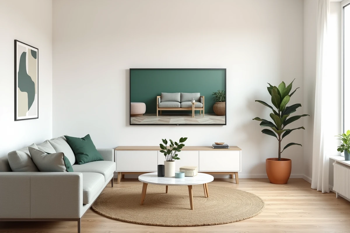Salon scandinave moderne avec application de décoration 3D affichée sur smart TV pour visualiser l'aménagement intérieur