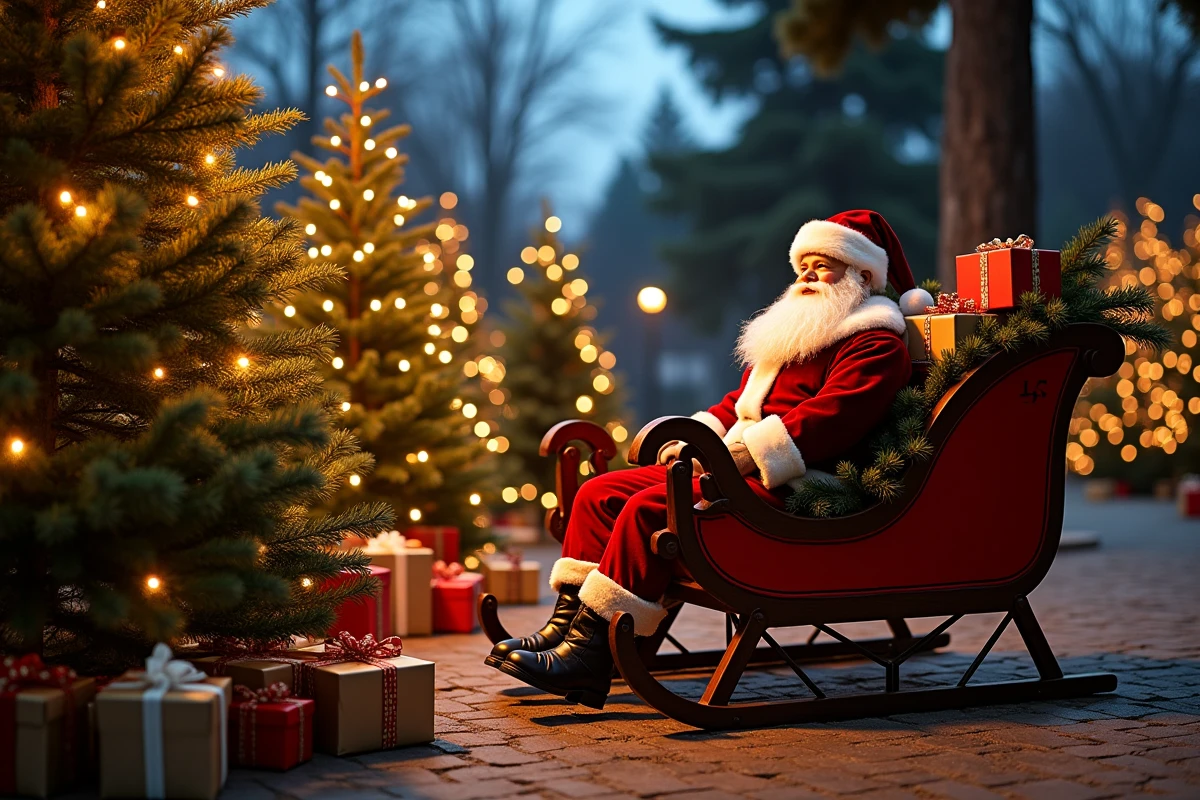 Scène de Noël extérieure avec Père Noël grandeur nature dans un traîneau en bois entouré de cadeaux dans un grand jardin