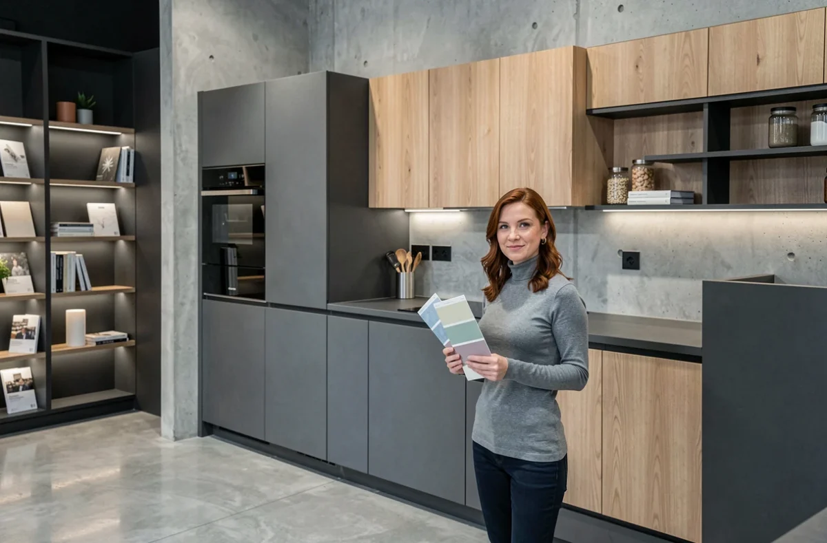 Consultante Schmidt Nevers présentant des échantillons de couleurs devant une cuisine anthracite et chêne clair