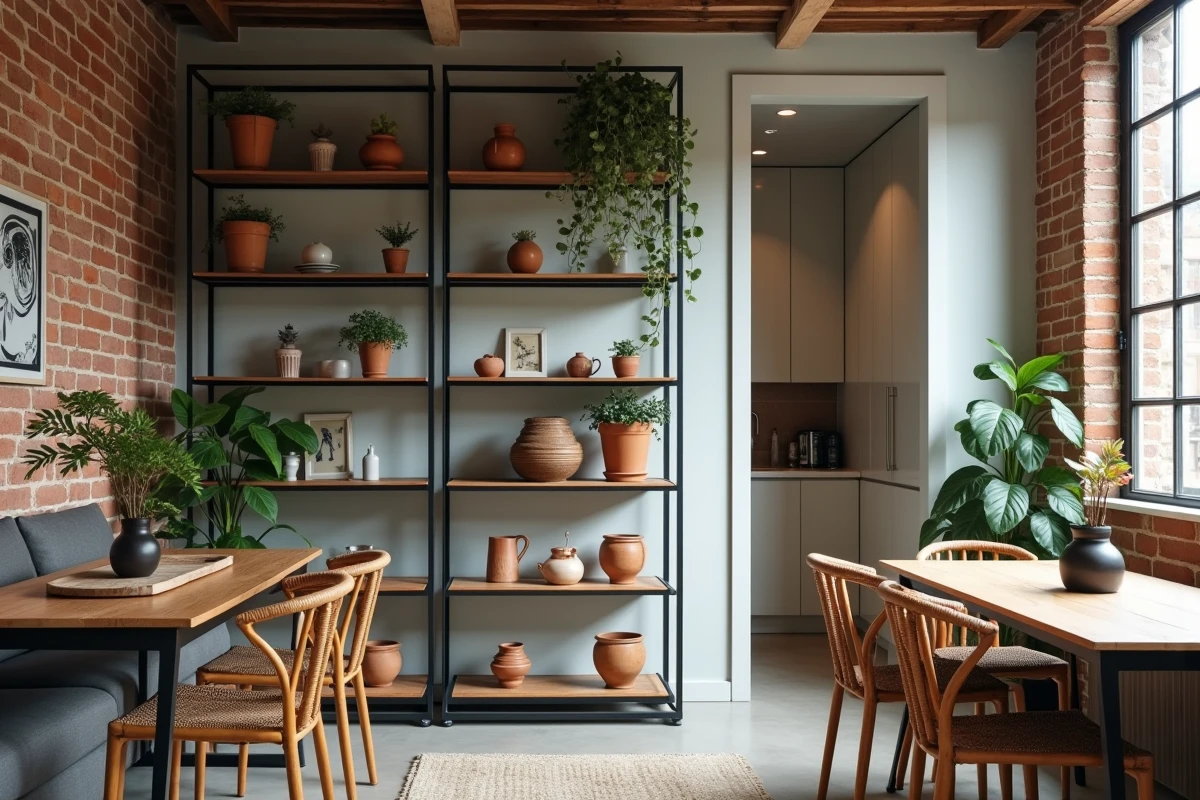 Séparateur de pièce en métal et bois avec plantes dans un espace de vie urbain étroit, délimitant salle à manger et entrée tout en préservant la luminosité