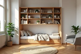 Séparation meuble bibliothèque en bois dans un studio parisien compact, divisant salon et espace nuit sans bloquer la lumière naturelle