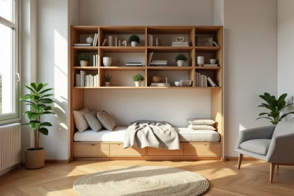 Séparation meuble bibliothèque en bois dans un studio parisien compact, divisant salon et espace nuit sans bloquer la lumière naturelle