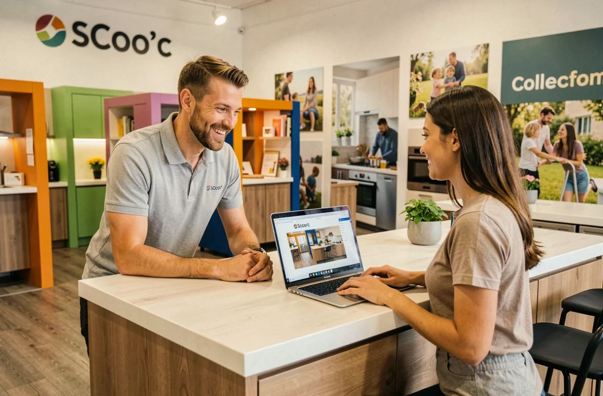 Conseiller SoCoo'c Nevers présentant une configuration de cuisine sur ordinateur à un couple dans le showroom