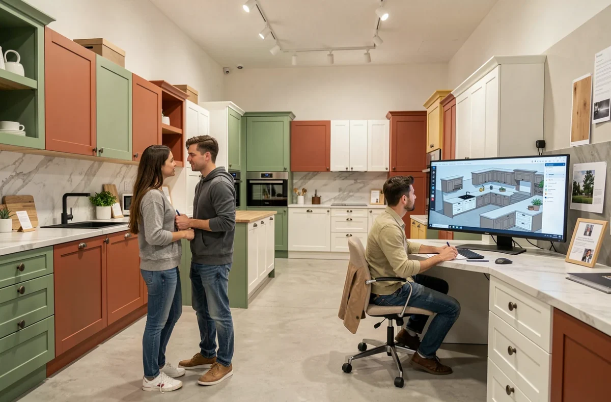Showroom SoCoo'c Vannes avec cuisines modulaires colorées et un couple discutant d'un projet avec un designer sur poste de planification 3D
