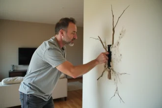 Homme inspecte des fissures autour d'un support TV mal fixé sur un mur en placo avec des chevilles arrachées