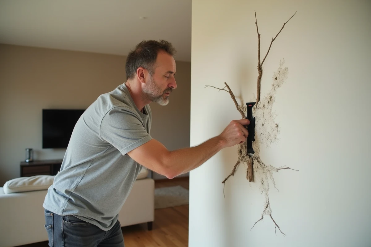 Homme inspecte des fissures autour d'un support TV mal fixé sur un mur en placo avec des chevilles arrachées