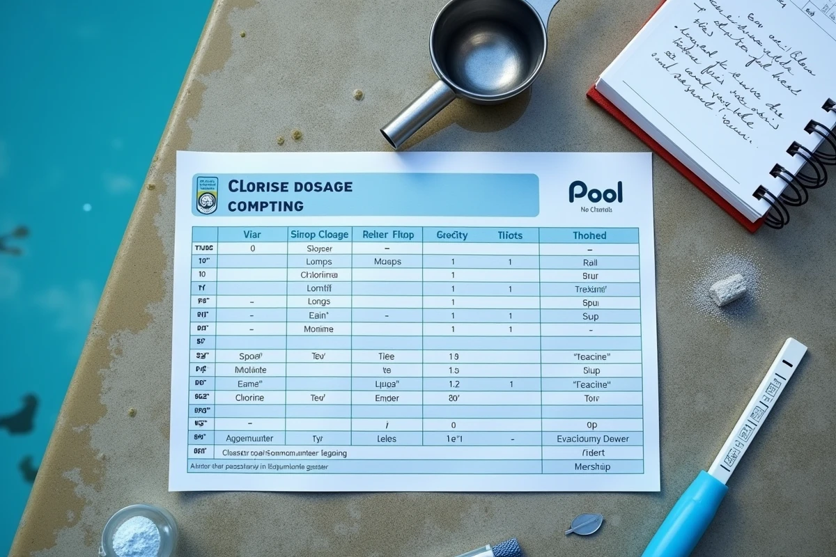 Tableau de dosage chlore piscine posé sur un bord de piscine humide entouré d'accessoires de traitement de l'eau