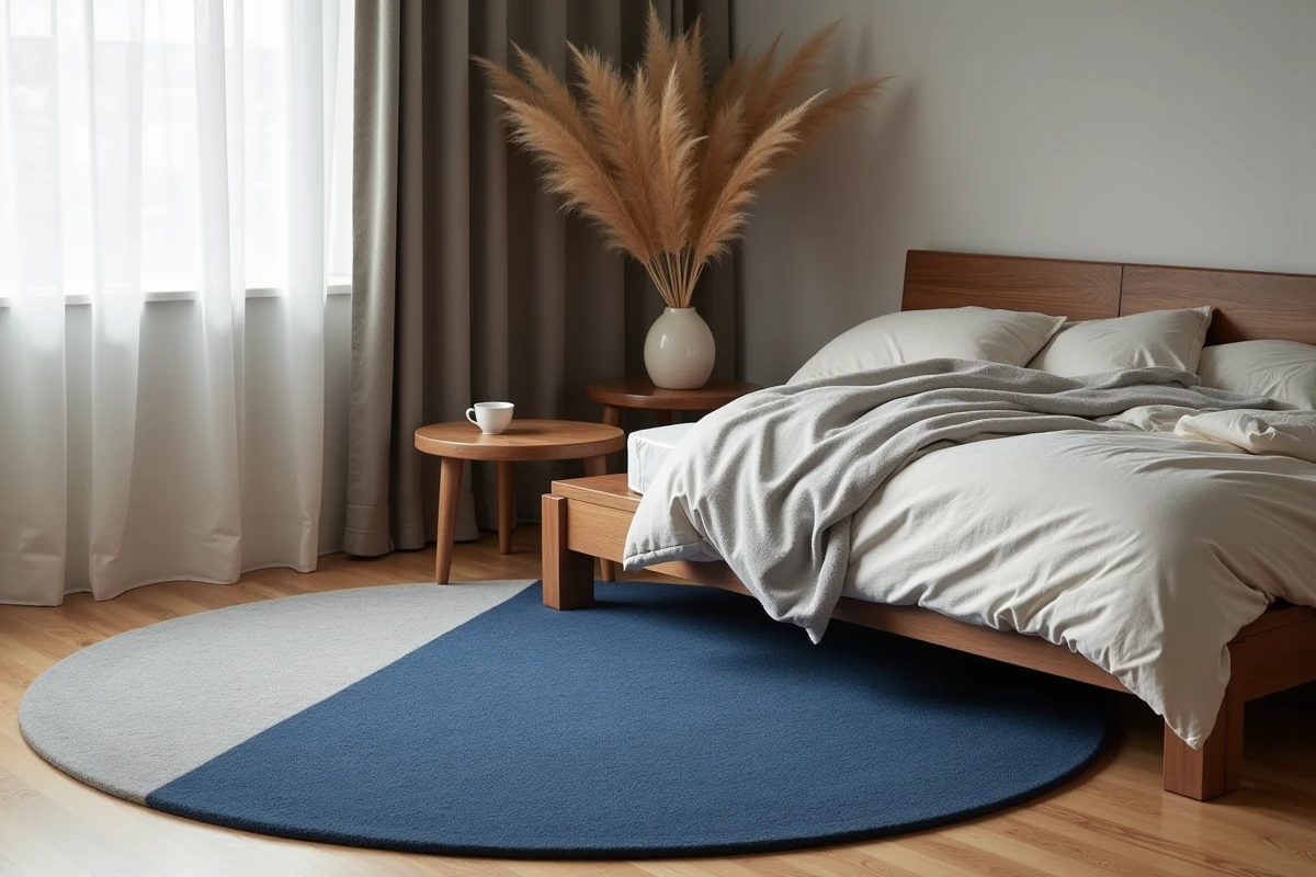 Coin chambre japonisant avec tapis rond touffeté bleu encre motif sashiko, lit plateforme et déco wabi-sabi naturelle