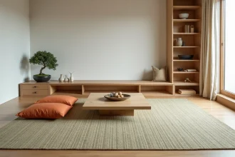 Salon minimaliste avec tapis japonisant en fibres naturelles jute et bambou sous une table basse en bois, ambiance Japandi apaisante