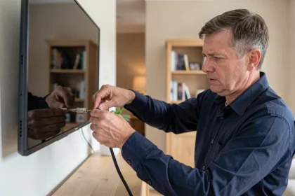 Technicien connectant un câble coaxial à l'arrière d'un téléviseur 4K dans un salon moderne